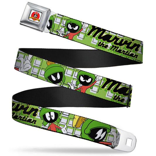 Looney Tunes Logo Full Color White Seatbelt Belt - MARVIN THE MARTIAN w/Poses White/Green Webbing