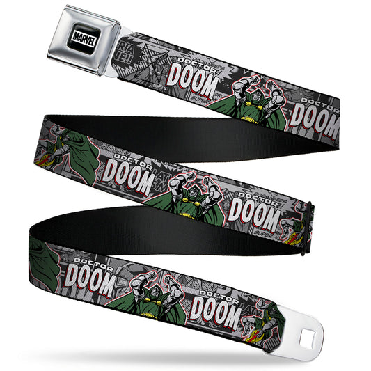 MARVEL Brick Logo Full Color Black/White Seatbelt Belt - DOCTOR DOOM Poses and Comic Blocks Grays Webbing