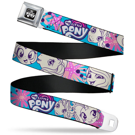 MY LITTLE PONY Title Logo Full Color Black/Purple/White Seatbelt Belt - MY LITTLE PONY Pony Faces Flowers and Title Logo Blue/Pinks/White Webbing