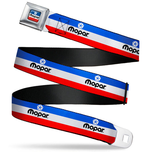 MOPAR Chrysler Logo Full Color White/Blue/Red/Black Seatbelt Belt - MOPAR Logo/Stripe Blue/White/Red Webbing