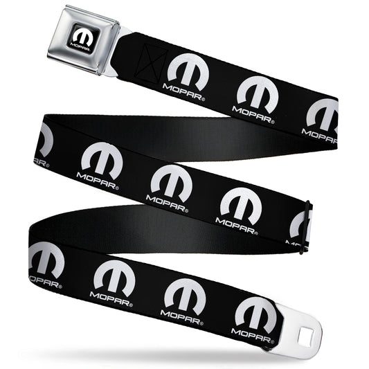 MOPAR Logo Full Color Black/White Seatbelt Belt - MOPAR Logo Repeat Black/White Webbing