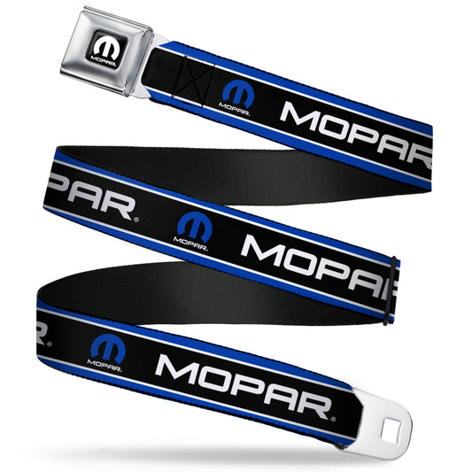 MOPAR Logo Full Color Black White Seatbelt Belt - MOPAR Text/Logo/Stripe Blue/White/Black Webbing