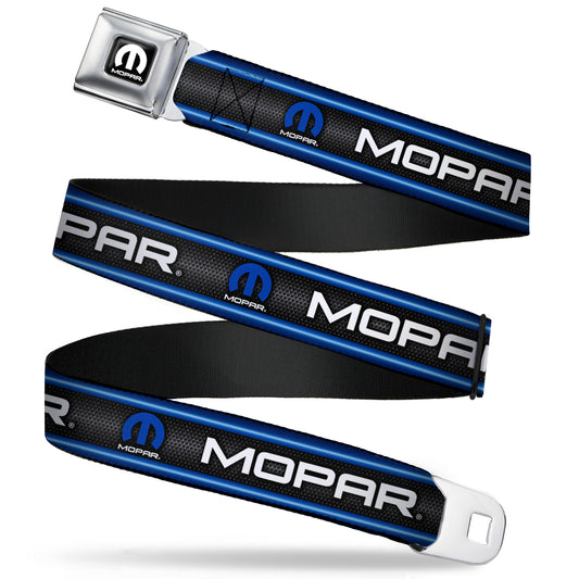 MOPAR Logo Full Color Black White Seatbelt Belt - MOPAR Text/Logo/Stripe/Grill Black/Grays/Blue Glow/White Webbing