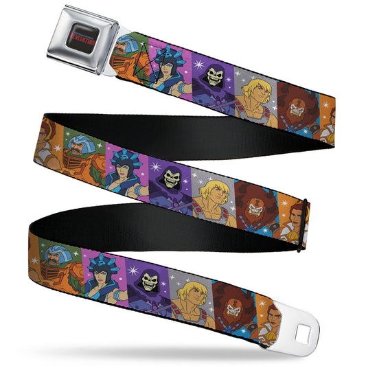 MASTERS OF THE UNIVERSE REVELATION Title Logo Full Color Black Seatbelt Belt - Masters of the Universe Character Block Stripe Poses Multi Color Webbing