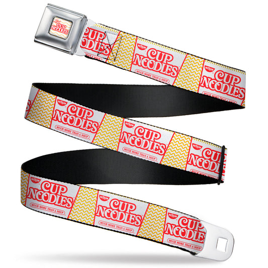 THE ORIGINAL CUP NOODLES Logo/Noodle Wave Full Color White/Orange/Red Seatbelt Belt - Cup Noodles Cups Stacked Collage White/Gold/Red Webbing