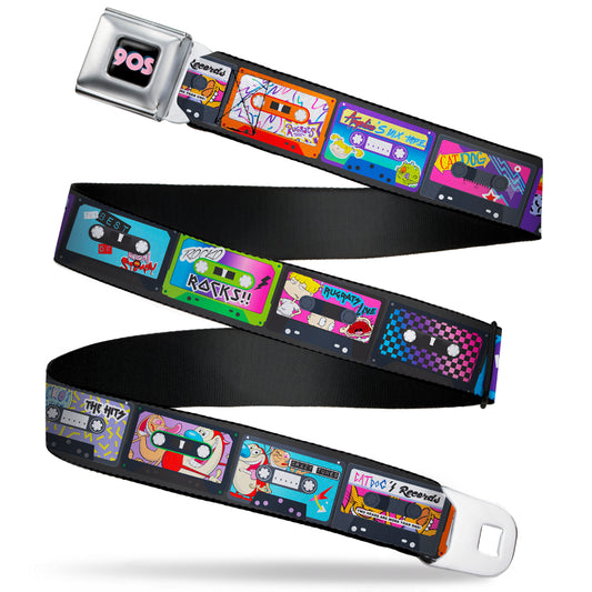 Nick 90'S Rewind Icon Full Color Black Blue Pink Seatbelt Belt - Nick 90's Rewind 13-Mash Up Cassette Tapes Black Webbing