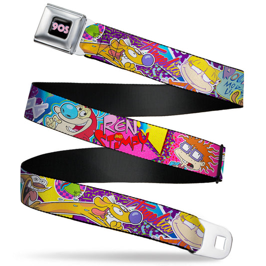 Nick 90'S Rewind Icon Full Color Black Blue Pink Seatbelt Belt - Nick 90's Rewind 7-Character/4-Logo Collage Webbing
