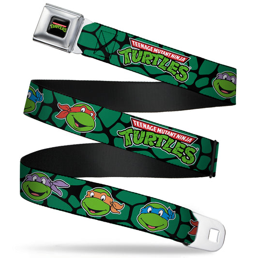 Classic TMNT Logo Full Color Seatbelt Belt - Classic TMNT Turtle Faces Black/Green Turtle Shell Webbing