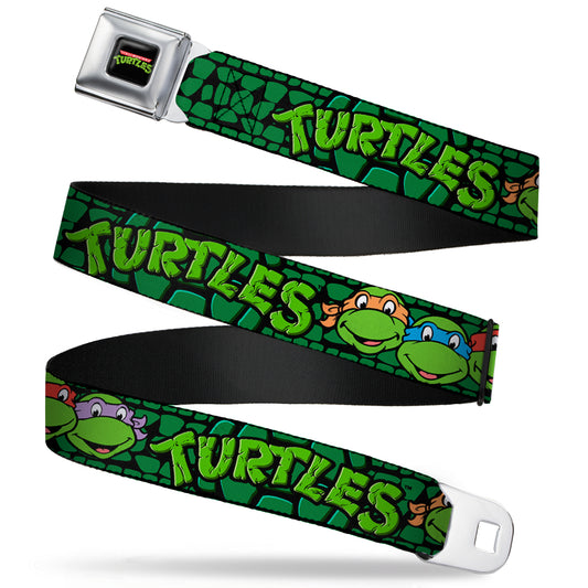 Classic TMNT Logo Full Color Seatbelt Belt - Classic TMNT Group Faces/TURTLES Turtle Shell Black/Green Webbing
