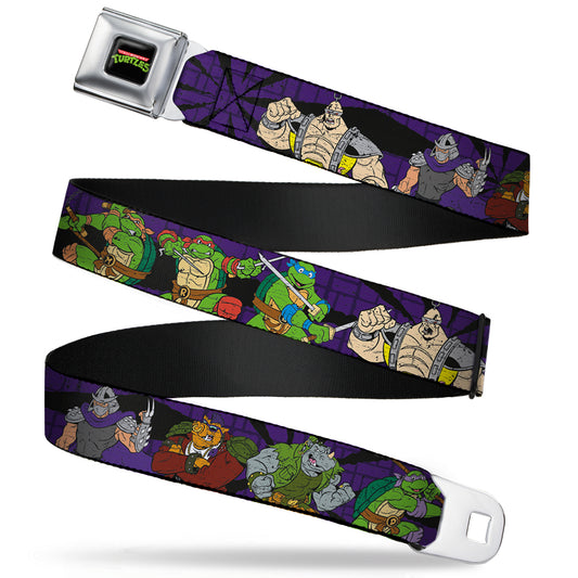 Classic TMNT Logo Full Color Seatbelt Belt - Classic TMNT Group & Villain Poses Purple Webbing