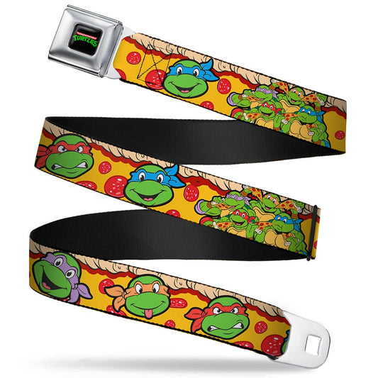 Classic TMNT Logo Full Color Seatbelt Belt - Classic TMNT 4-Turtle Faces Peperroni Pizza/Group Pose Webbing