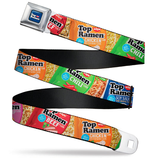 TOP RAMEN Noodle Wave Full Color Blue/Black/White Seatbelt Belt - Top Ramen Vivid Flavor Packages Stacked Multi Color Webbing