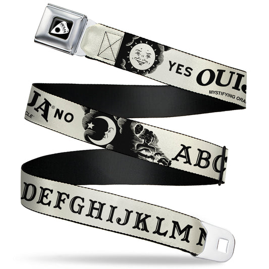 OUIJA Board Logo Planchette Full Color Red/White Seatbelt Belt - OUIJA Board Letters and Elements Beige/Black Webbing