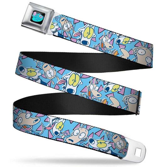 ROCKO'S MODERN LIFE Logo Full Color Black Blues Seatbelt Belt - Rocko & Spunky Scattered Expressions/Triangles Blue/Lavender Webbing