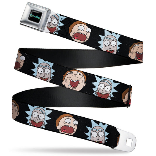 RICK AND MORTY Text Logo Full Color Black/Blue Seatbelt Belt - Rick and Morty Expressions in Space Webbing