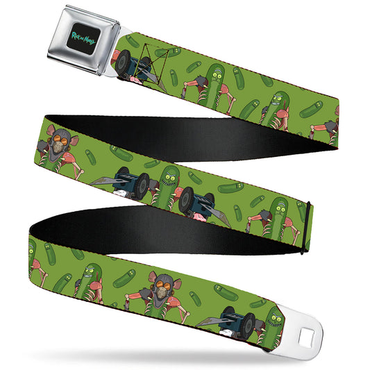 RICK AND MORTY Text Logo Full Color Black/Blue Seatbelt Belt - Rick and Morty Pickle Rick Rat Suit Poses Green Webbing