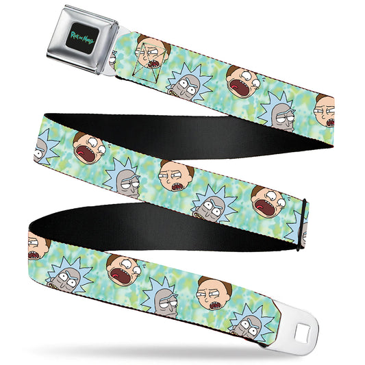 RICK AND MORTY Text Logo Full Color Black/Blue Seatbelt Belt - Rick and Morty Expressions Scattered Tie Dye Greens Webbing