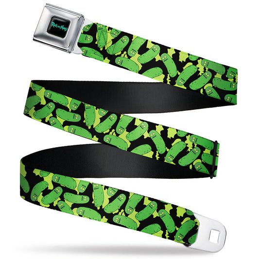 RICK AND MORTY Text Logo Full Color Black/Blue Seatbelt Belt - Rick and Morty Pickle Rick Scattered Black Webbing