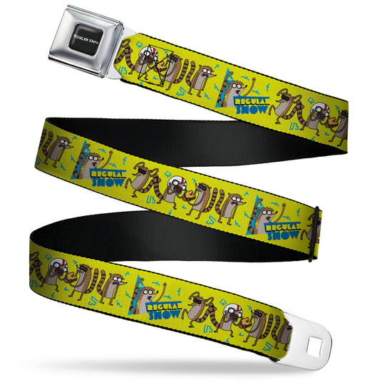 REGULAR SHOW Title Logo Full Color Black Seatbelt Belt - Rigby Raccoon Poses Yellow-Green/Blue Webbing