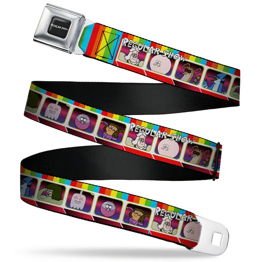 REGULAR SHOW Title Logo Full Color Black Seatbelt Belt - REGULAR SHOW Eight Character Face Blocks Multi Color Webbing