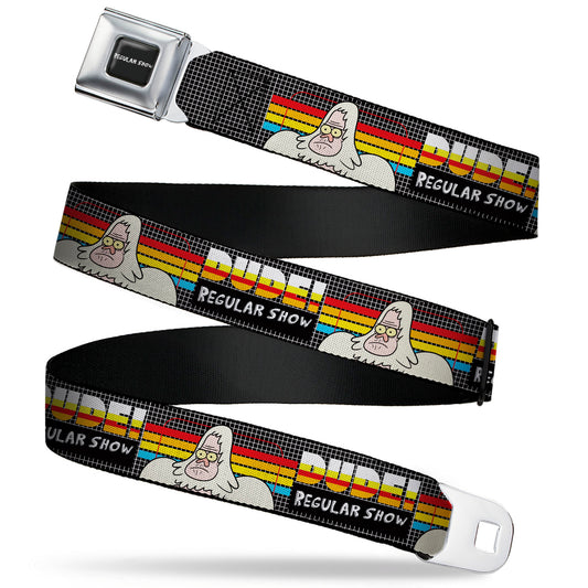 REGULAR SHOW Title Logo Full Color Black Seatbelt Belt - REGULAR SHOW Skips DUDE! Pose Stripes Black/Multi Color Webbing