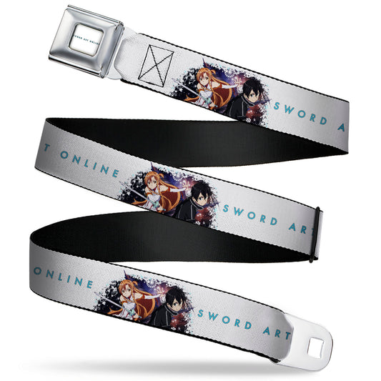 SWORD ART ONLINE Title Logo Full Color White/Blue Seatbelt Belt - SWORD ART ONLINE Asuna and Kirito Action Pose and Title Logo White Webbing