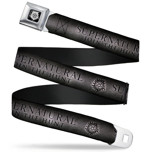 Winchester Logo Full Color Black White Seatbelt Belt - SUPERNATURAL-JOIN THE HUNT/Winchester Pentagram Grays/Black Webbing