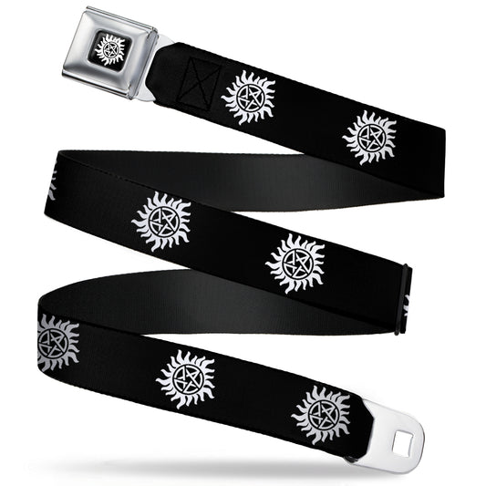 Winchester Logo Full Color Black White Seatbelt Belt - Winchester Pentagram Repeat Black/White Webbing