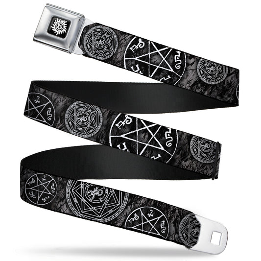 Winchester Logo Full Color Black White Seatbelt Belt - Supernatural Devil's Trap Pentagrams Grays/Black/White Webbing