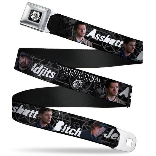 Winchester Logo Full Color Black White Seatbelt Belt - SUPERNATURAL 4-Character Poses/ASSBUTT-BITCH-JERK-IDJITS Black/Gray/White Webbing