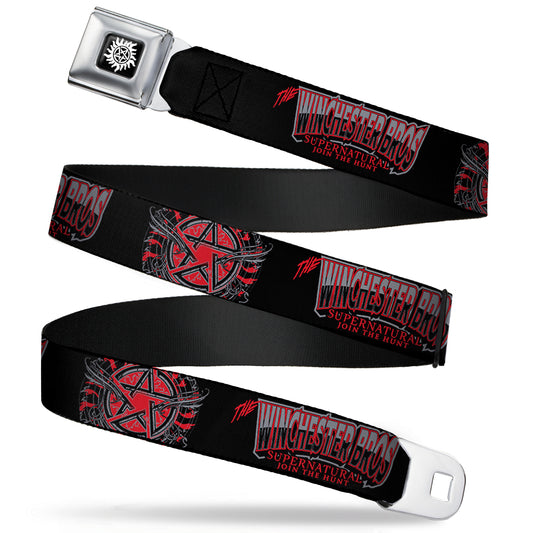 Winchester Logo Full Color Black White Seatbelt Belt - THE WINCHESTER BROS/Flaming Pentagram Black/White/Reds Webbing