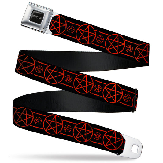 SUPERNATURAL-JOIN THE HUNT Full Color Black/White Seatbelt Belt - Supernatural Pentagram Icon Stripe Black/Red Webbing