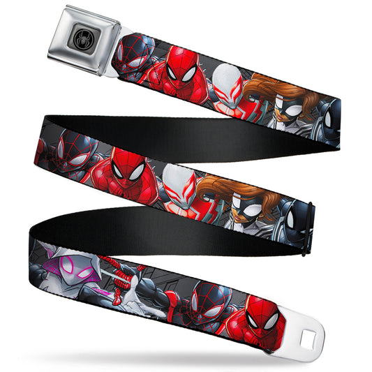 Spider Icon Silver/Black Seatbelt Belt - 6-Spider Hero Action Poses Grays Webbing