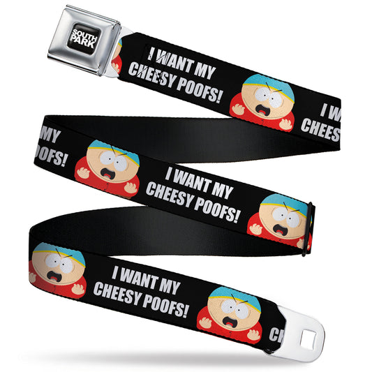 SOUTH PARK Title Logo Full Color Black/White Seatbelt Belt - South Park Cartman I WANT MY CHEESY POOFS Pose Black Webbing