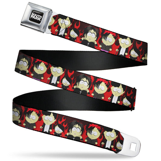 SOUTH PARK Title Logo Full Color Black/White Seatbelt Belt - South Park Goth Kids Poses Flame Reds Webbing