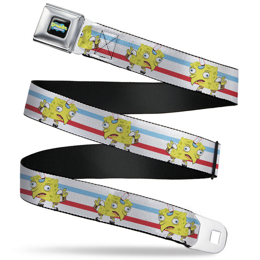 SpongeBob SquarePants Logo2 Full Color Black Seatbelt Belt - Mocking SpongeBob Pose Stripe White/Blue/Red Webbing