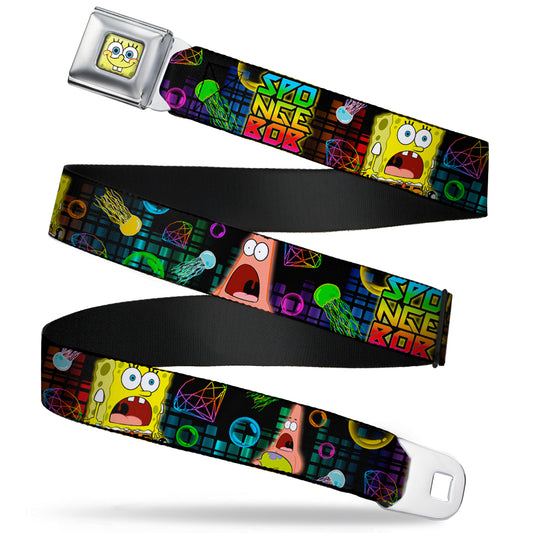 Sponge Bob Face CLOSE-UP Seatbelt Belt - Surprised SpongeBob & Patrick Starfish/SPONGEBOB/Jellyfish Black/Multi Color Webbing