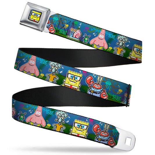 Pixelated SpongeBob Nerd Pose Full Colot Blue Seatbelt Belt - SpongeBob & Friends 8-Bit Scene Webbing