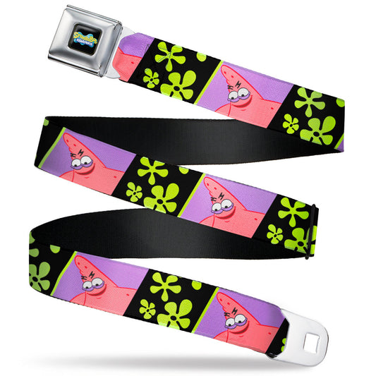 SpongeBob SquarePants Logo Full Color Black/Blues Seatbelt Belt - SpongeBob Patrick Star Pose and Flower Blocks Black/Green Webbing
