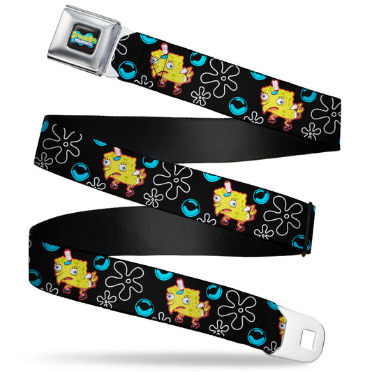 SpongeBob SquarePants Logo Full Color Black/Blues Seatbelt Belt - Mocking SpongeBob SquarePants Pose and Flowers Black Webbing