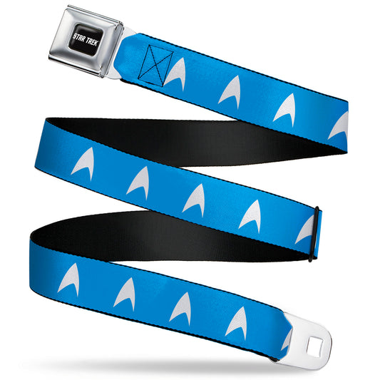 STAR TREK Text Logo Full Color Black/White Seatbelt Belt - Star Trek Starfleet Insignia Blue/White Webbing
