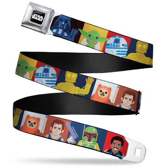 STAR WARS Logo Full Color Black/White Seatbelt Belt - Star Wars Classic 16-Character Pose Blocks Multi Color Webbing