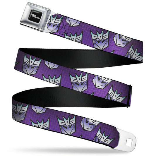 TRANSFORMERS Title Logo Full Color Black/White Seatbelt Belt - Transformers Decepticons Icon Scattered Grids Purples Webbing