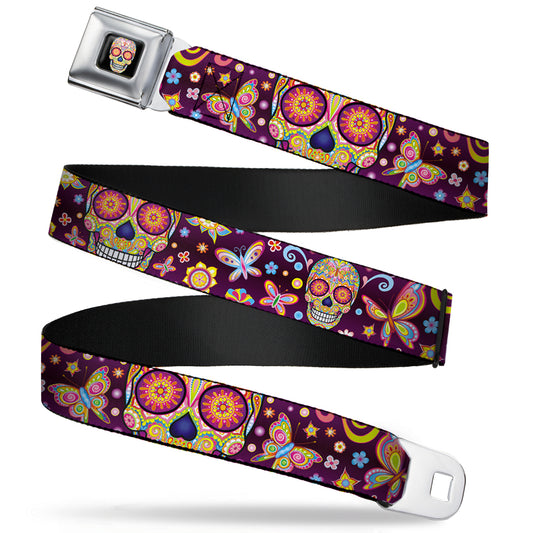 Mariposa Calavera Full Color Black/Multi Color Seatbelt Belt - Mariposa Calaveras/Butterflies/Flowers Burgundy/Multi Color Webbing