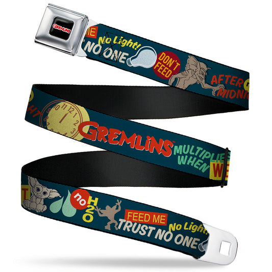 GREMLINS Title Logo Full Color Black/White/Red Seatbelt Belt - GREMLINS MULTIPLIES WHEN WET Gizmo Pose Multi Color Webbing