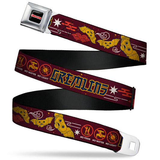 GREMLINS Title Logo Full Color Black/White/Red Seatbelt Belt - GREMLINS Care Rules Anime Style Collage Burgundy/Multi Color Webbing