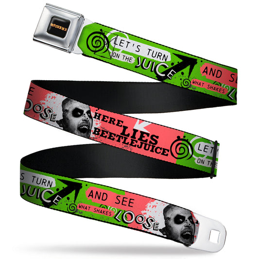 BEETLEJUICE Title Logo Full Color Black/Yellow Seatbelt Belt - BEETLEJUICE Face and Quotes Collage Pink/Green/Black Webbing