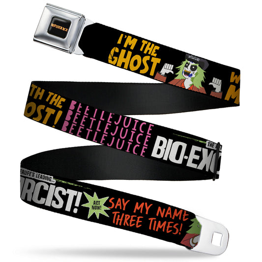BEETLEJUICE Title Logo Full Color Black/Yellow Seatbelt Belt - BEETLEJUICE Cartoon Quotes and Scene Black/Multi Color Webbing