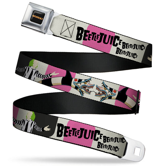 BEETLEJUICE Title Logo Full Color Black/Yellow Seatbelt Belt - BEETLEJUICE Pose and Sandworm Stripe White/Pink/Gray Webbing