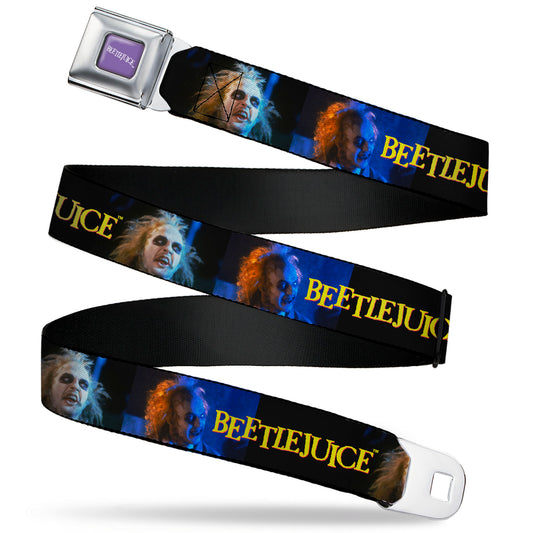 BEETLEJUICE Text Logo Full Color Purple/White Seatbelt Belt - BEETLEJUICE Title Logo and Expressions Black Webbing